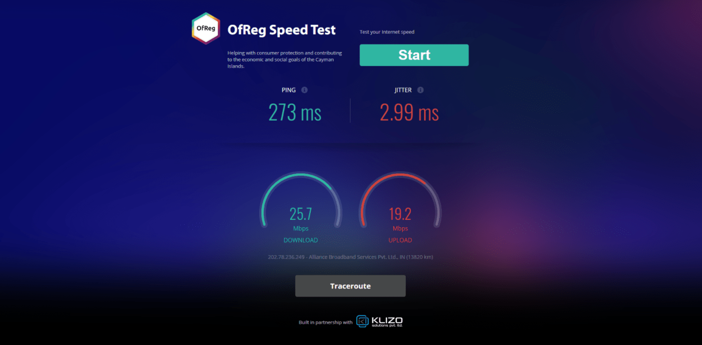 OfReg Speed Testing Tool by Klizo Solutions for The Cayman Government