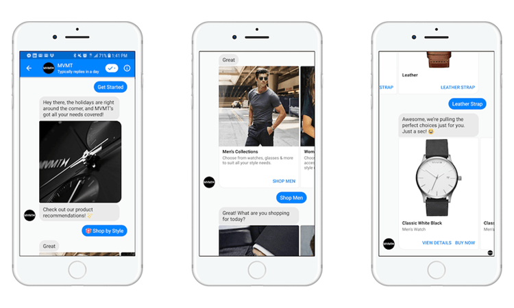 artificial intelligence in eCommerce - mvmt-chatbot-ecommerce-example
