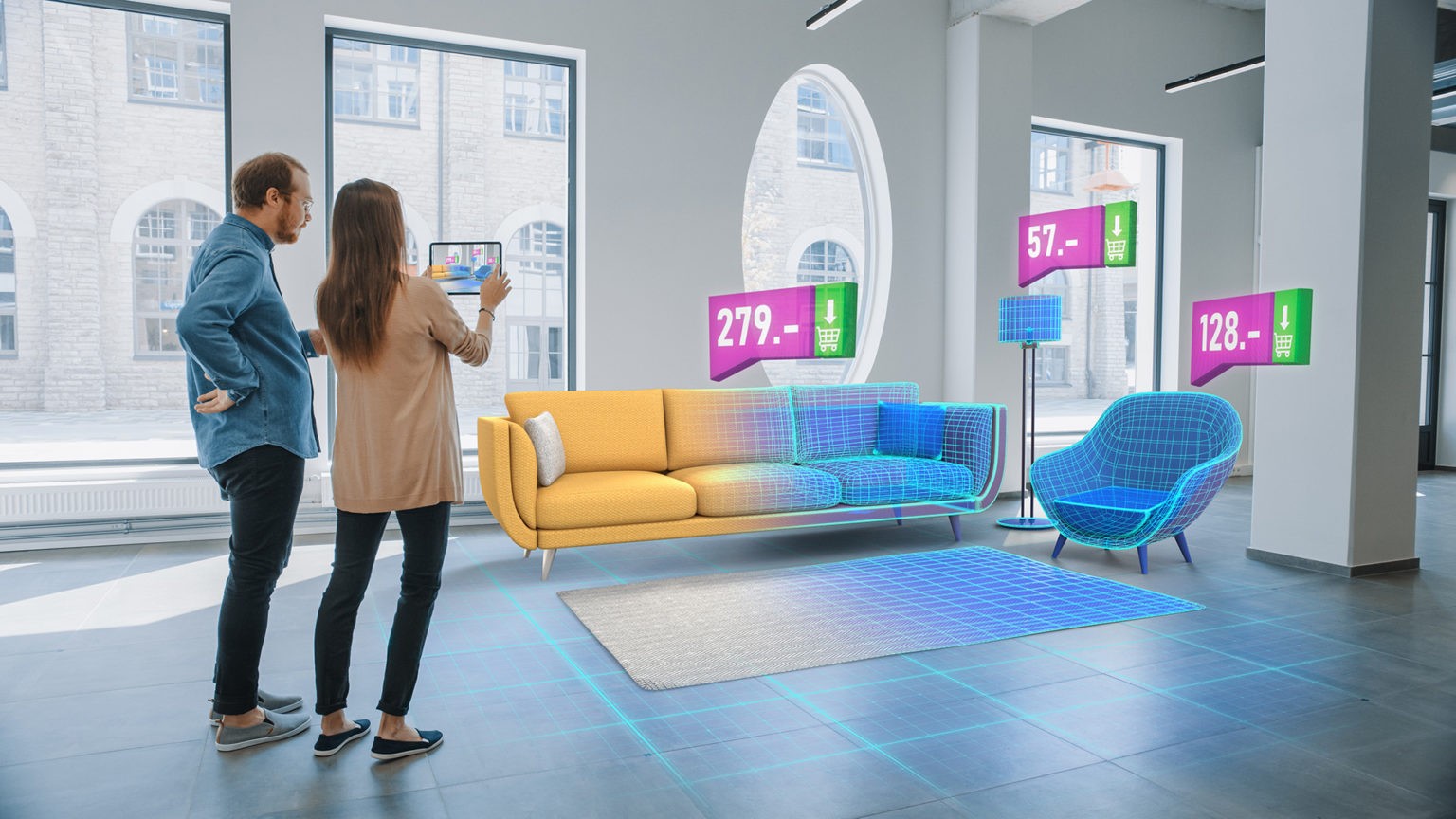 Extended Reality Is Reshaping eCommerce in 2021 3 Decorating Apartment: Lovely Young Couple Use Digital Tablet with Augmented Reality Interior Design Software to Choose 3D Furniture for their Home. Furniture from Online Shop with Prices.
